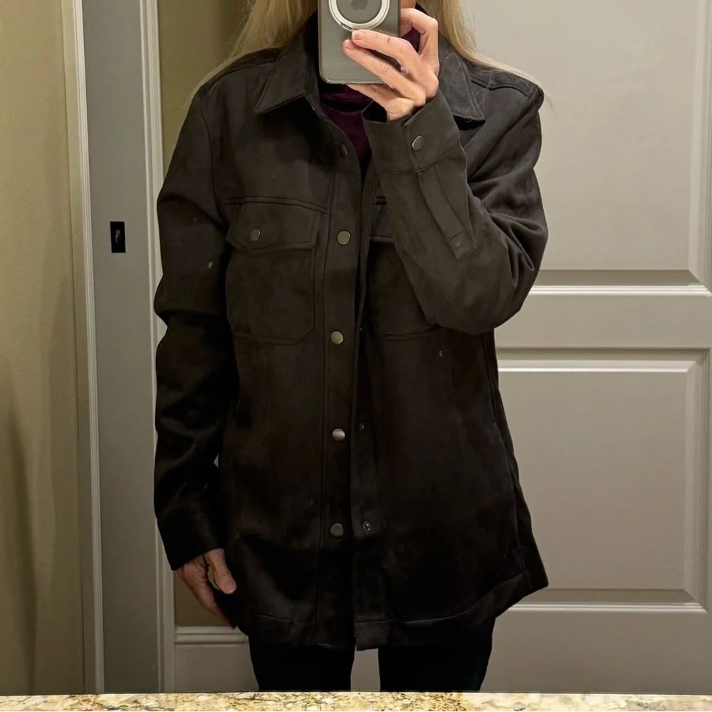 FRYE Snap Shirt Jacket Faux Suede Charcoal in color Men’s Smalll Women Medium - Picture 10 of 11